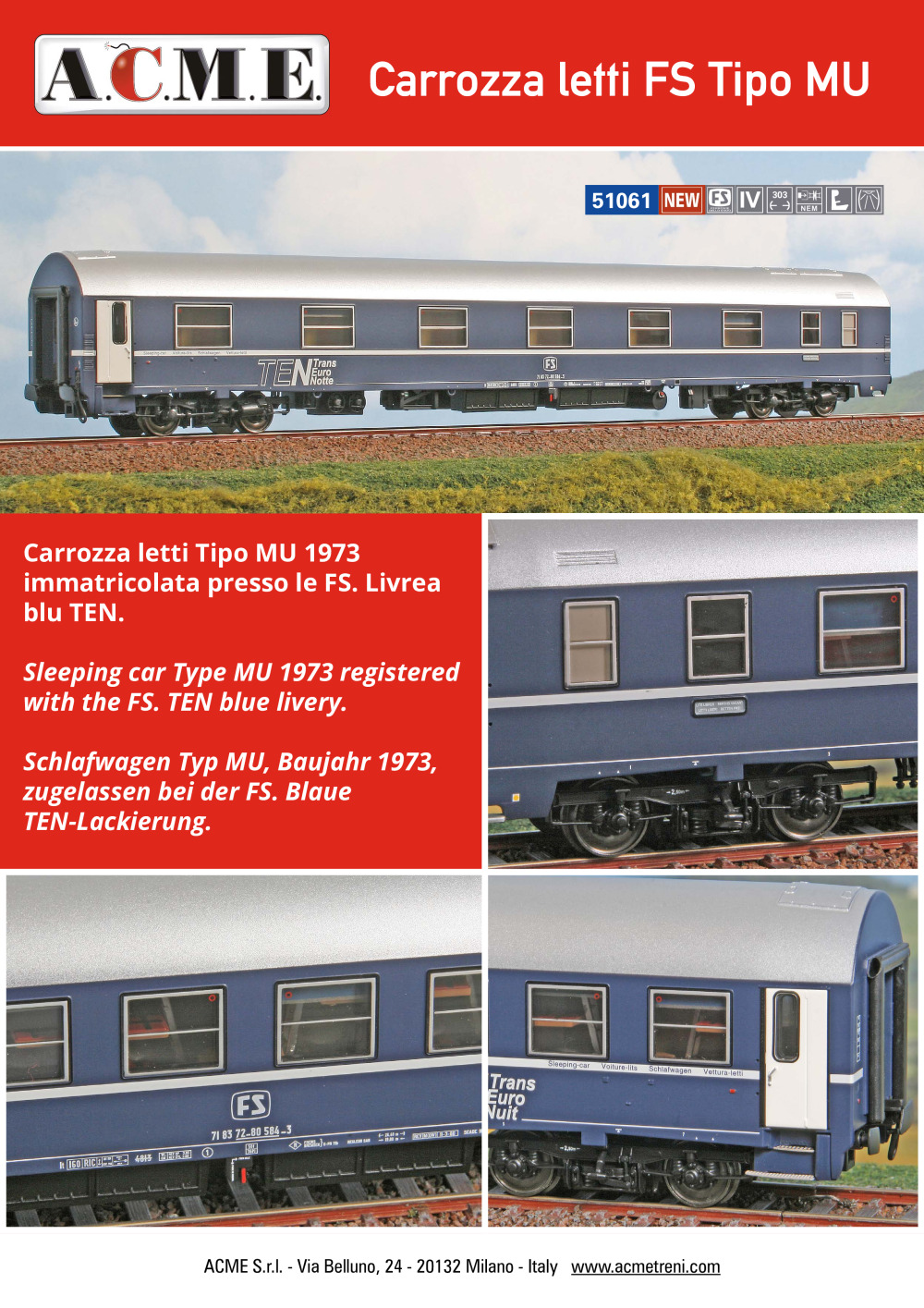 ACME - Anonima Costruzioni Modellistiche Esatte - Carrozza letti FS Tipo MU (ref. 51061)