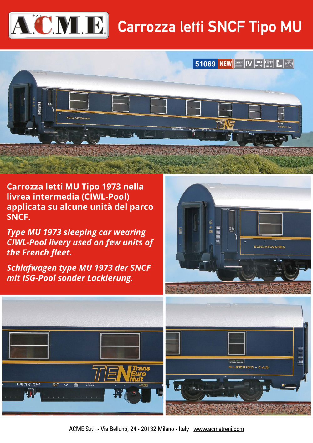 ACME - Anonima Costruzioni Modellistiche Esatte - Carrozza letti SNCF Tipo MU (ref. 51069)