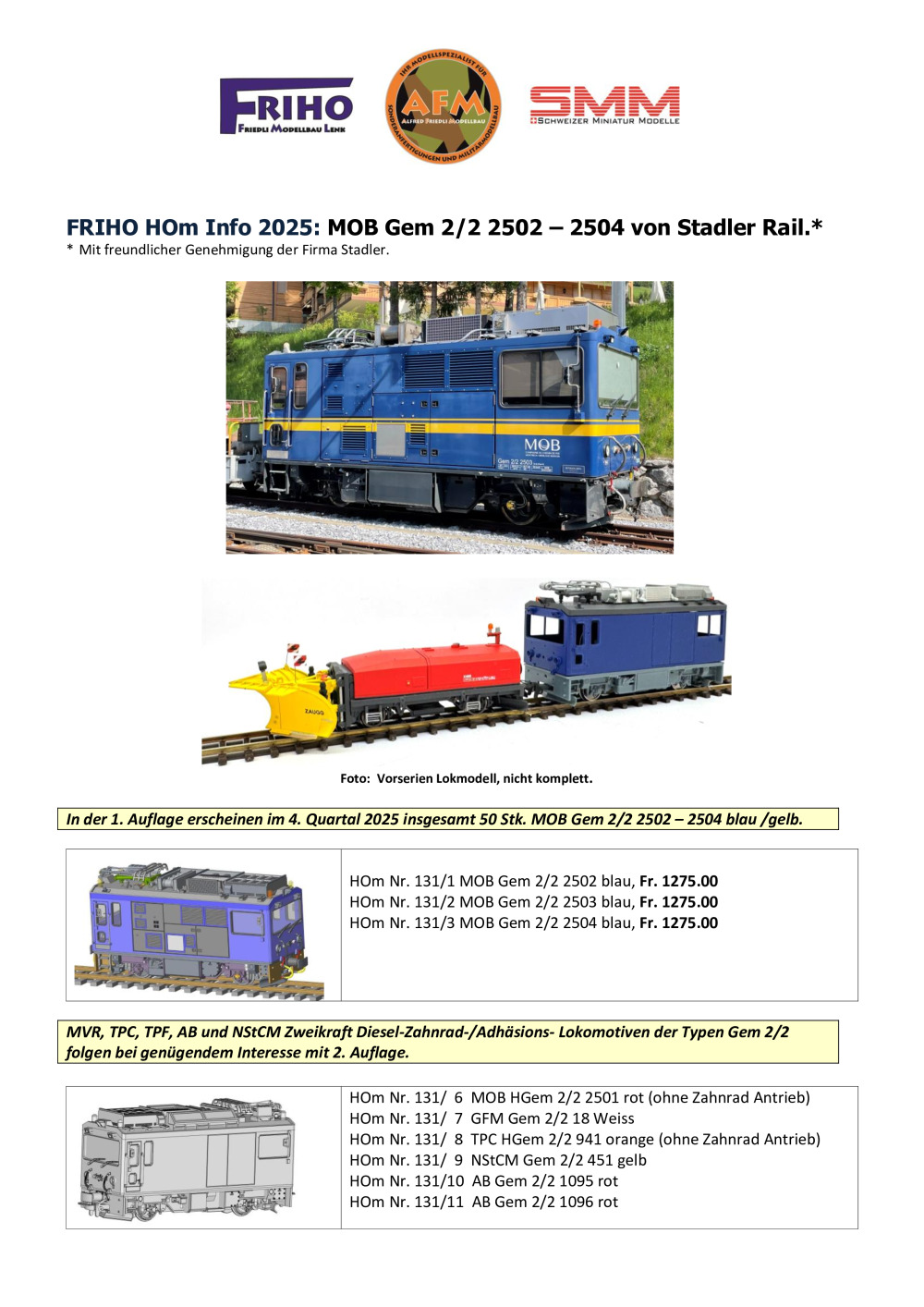 FRIHO - Neuheiten 2025 - MOB Gem 2/2 2502 - 2504 von Stadler Rail
