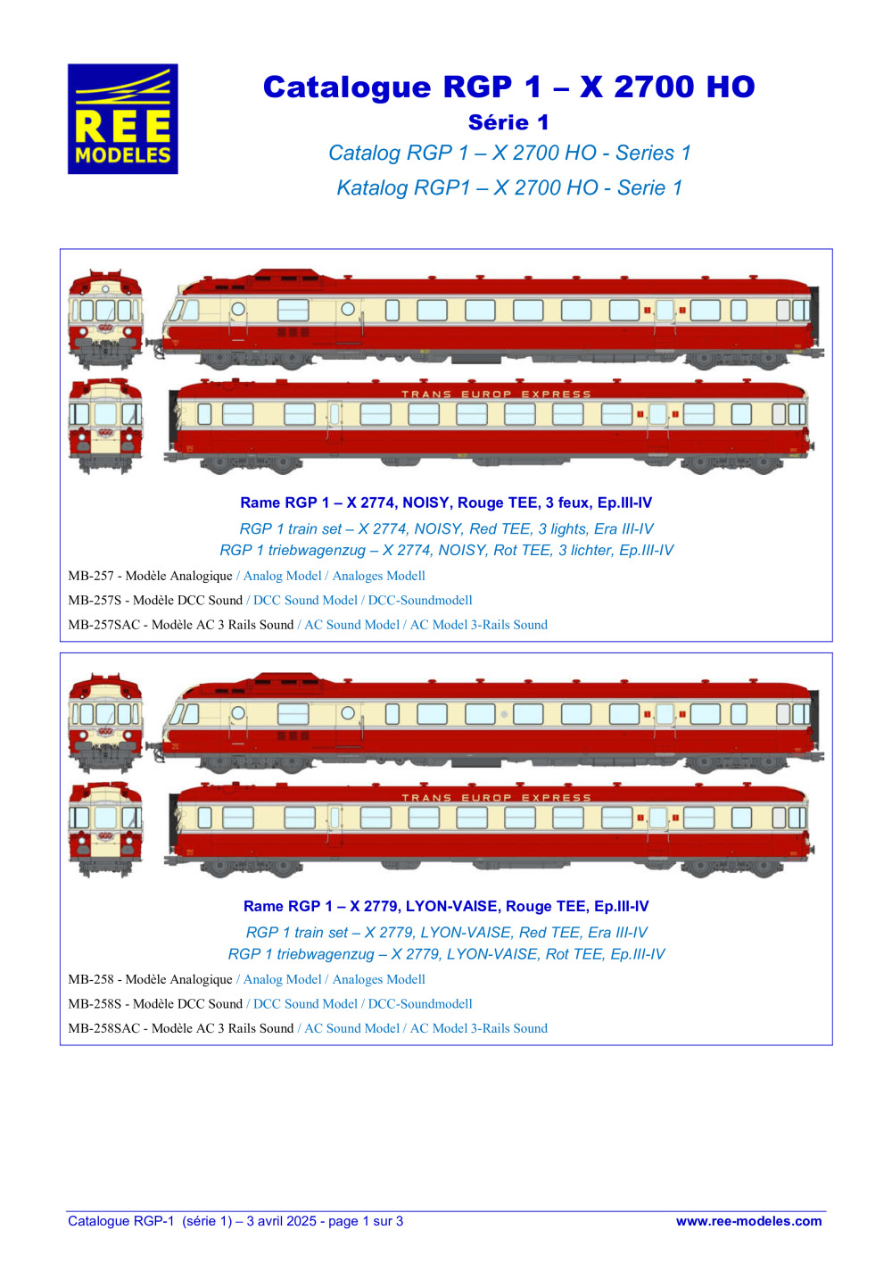 REE MODÈLES - Rails Europ Express - Catalogue RGP 1 – X 2700 HO (Série 1)