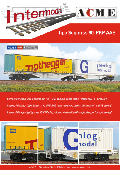 Carro intermodale Tipo Sggmrss 90’ PKP AAE, con due casse mobili "Nothegger" e "Greenlog" (ref. 40391) - ACME - Anonima Costruzioni Modellistiche Esatte