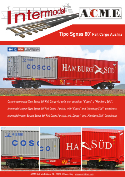 Carro intermodale Tipo Sgnss 60' Rail Cargo Austria, con container 'Cosco' e 'Hamburg Süd' (ref. 40412) - ACME - Anonima Costruzioni Modellistiche Esatte