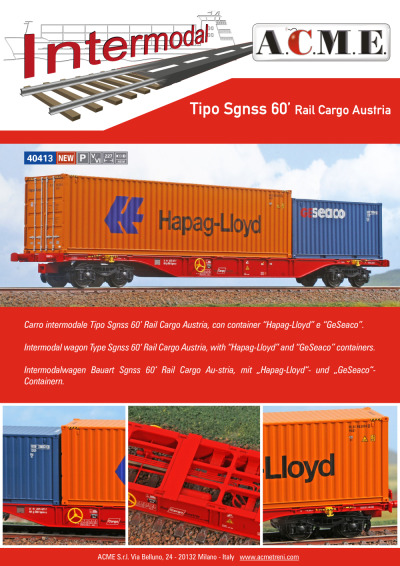 Carro intermodale Tipo Sgnss 60' Rail Cargo Austria, con container "Hapag-Lloyd" e "GeSeaco" (ref. 40413) - ACME - Anonima Costruzioni Modellistiche Esatte
