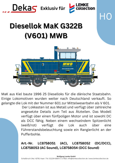 MWB Diesellok MaK G322B (V601) & E-Lok BR 193 Vectron - Lemke Collection / Hobbytrain / Dekas