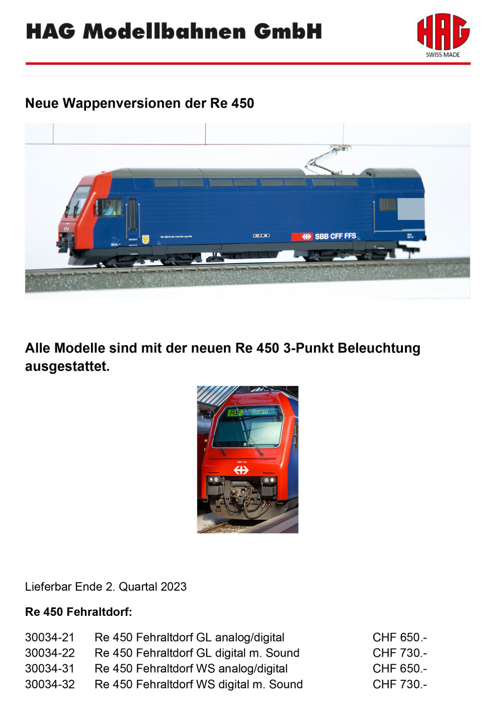 HAG - SBB CFF FFS - Re 450 electric locomotive